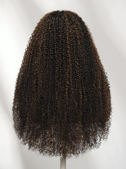 Sunber 7x5 Pre Cut Golden Brown Highlights Kinky Curly Lace Closure Wig With Invisi Drawstring