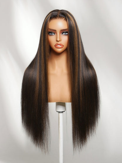 Sunber 7x5 Pre Cut Golden Brown Highlights Yaki Straight Lace Closure Wig With Invisi Drawstring