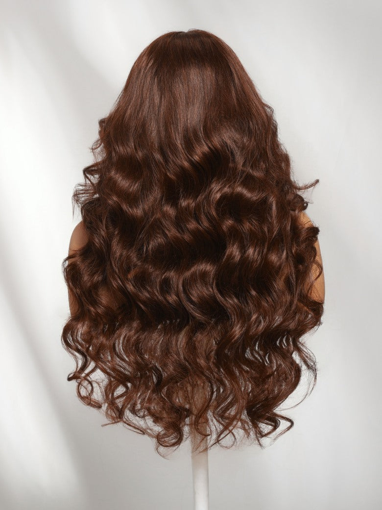 Sunber 180% Density 7x5 Pre Cut Chocolate Auburn Brown Salon styled Lace Wig With Face Framing Curtain Bangs
