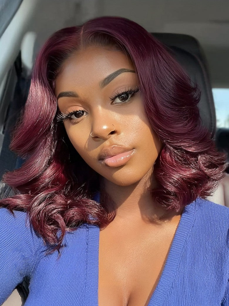 Sunber Purple Black Cherry Wispy Blow Out 7x5 Pre Cut Lace Loose Wave Bob Wig With Face-Framing Curtain Bangs