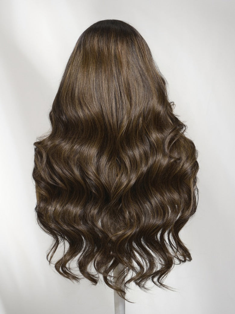 Sunber 7x5 Pre Cut Chestnut Brown Highlights With Dark Roots Salon-level Side Part Layered Lace Wig With Invisi Drawstring