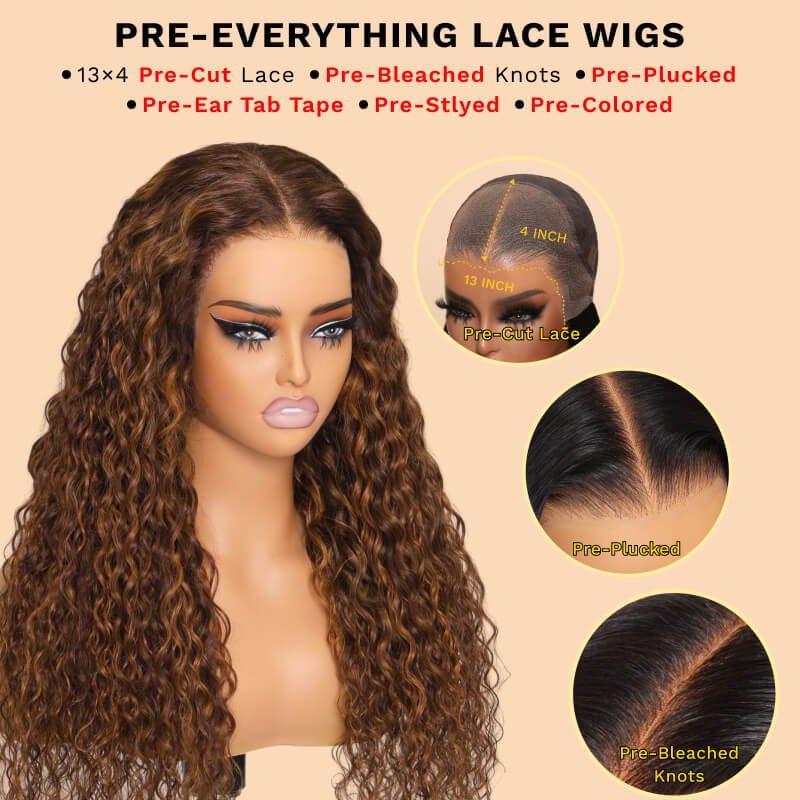 Flash Sale Sunber Piano Brown Highlight Big Curly Lace Frontal Wigs Water Wave Human Hair