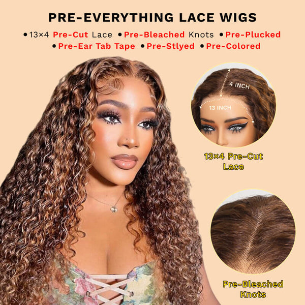 Sunber Piano Brown Highlight Big Curly 13x4 Pre Everything Wig Balayage Water Wave Human Hair