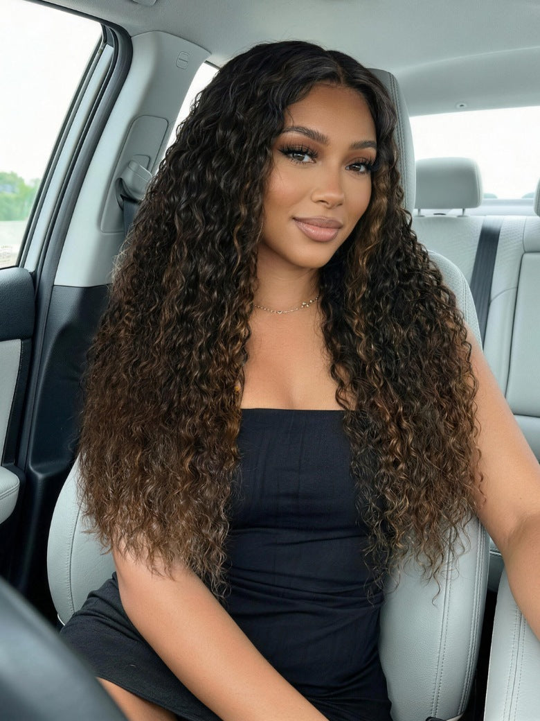 Sunber 7x5 Pre Cut Ombre Chestnut Brown Water Wave &amp; Curly Mixed Lace Wig With Invisi Drawstring