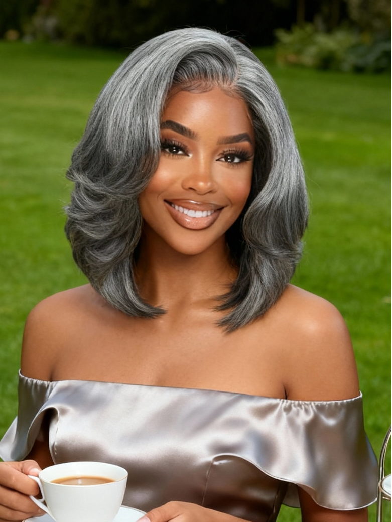 Sunber Salt and Pepper Bob wig styled