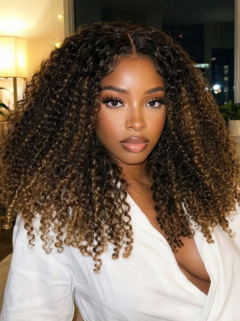 Sunber 7x5 Pre Cut Golden Brown Highlights Kinky Curly Lace Closure Wig With Invisi Drawstring