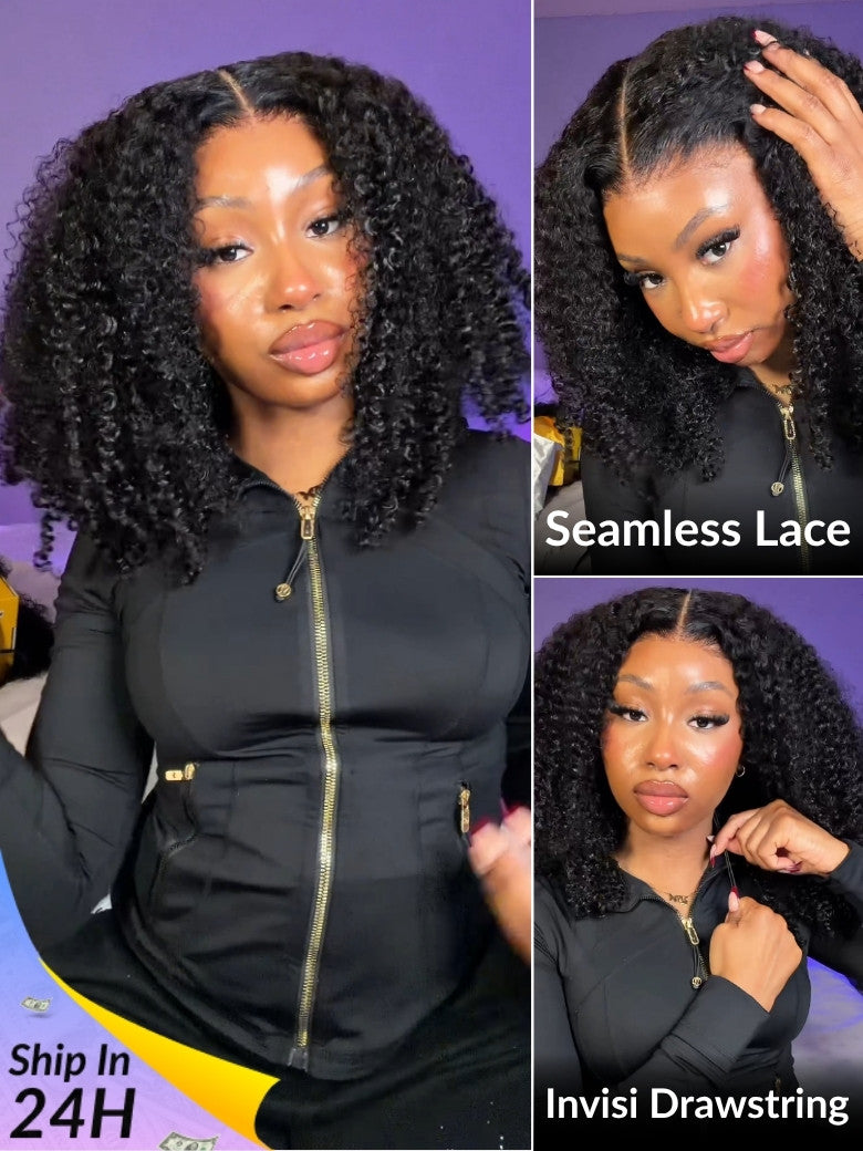 Sunber 7x5 Pre Cut 200% 4C Kinky Edge Baby Hair Curly Pre-Cut Lace Human Hair Wigs Bleached Knots With Invisi Drawstring