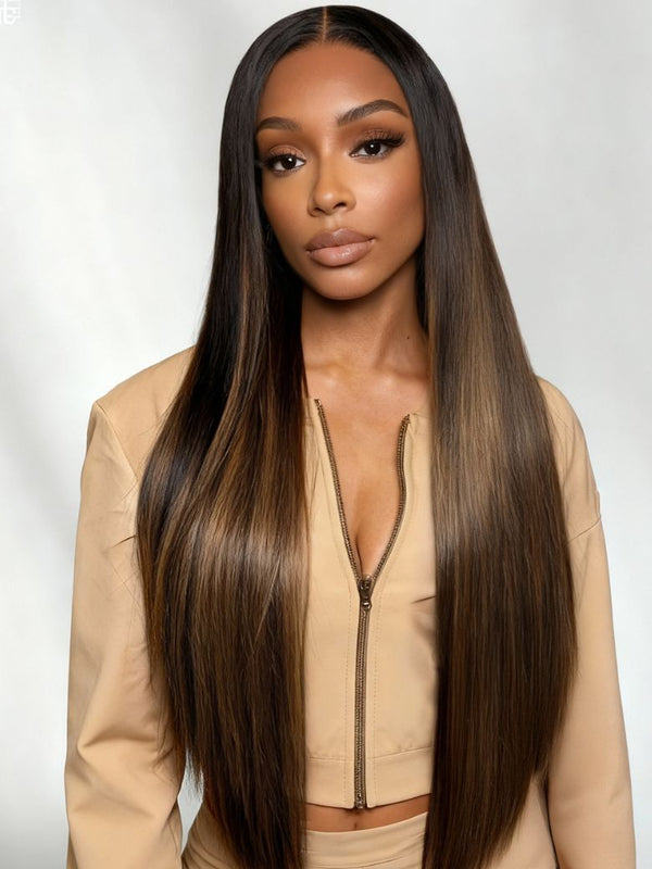 Flash Sale Sunber 13x4 Pre Everything Balayage #1b/30 Highlight Yaki Straight Lace Frontal Wig With Invisi Drawstring