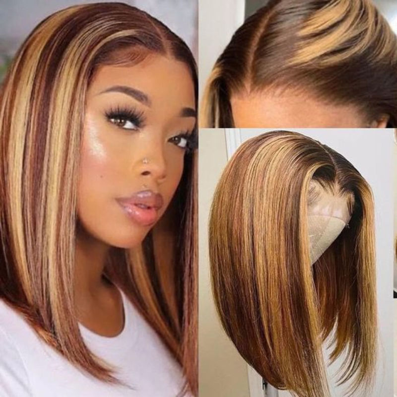 Honey Blonde Highlight Color Glueless Bob Wig