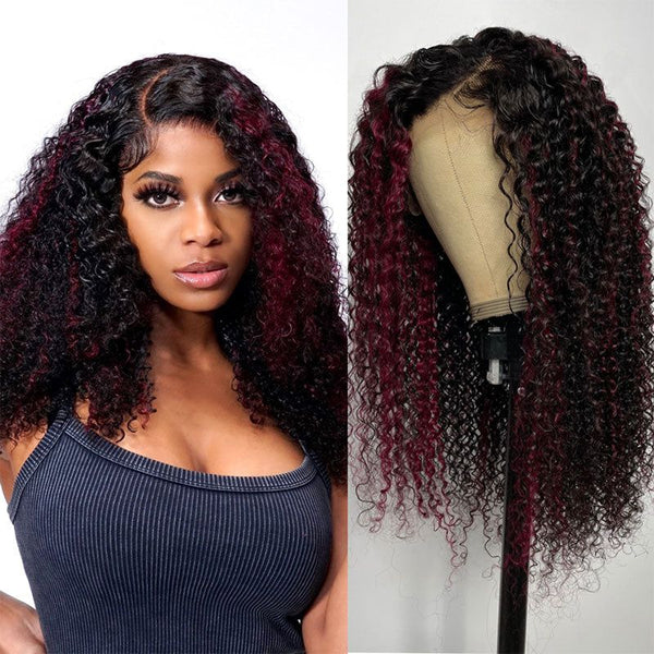 Flash Sale Sunber Dark Burgundy With Rose Red Highlights Curly 13x4 Lace Front Wig
