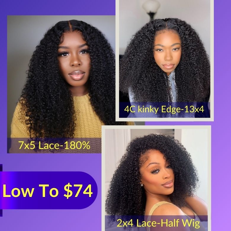 $100 OFF| Sunber 4C Kinky Curly Skin Melt 7*5 Pre Cut Lace Natural Hairline Lace Closure Human Hair Wigs Pre Plucked