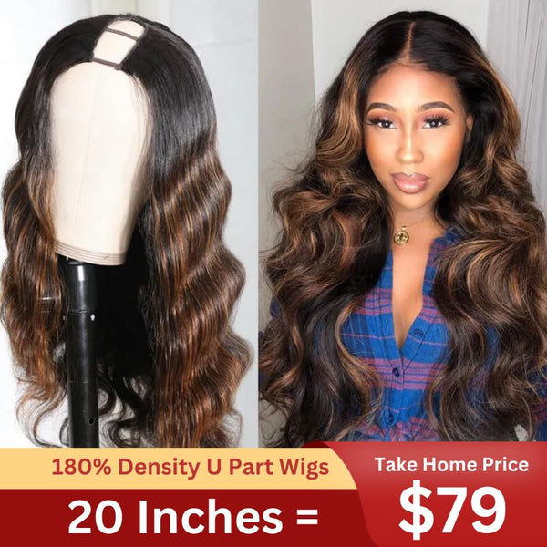 Sunber U Part Wigs Mix Brown Highlight Body Wave Wigs Flash Sale