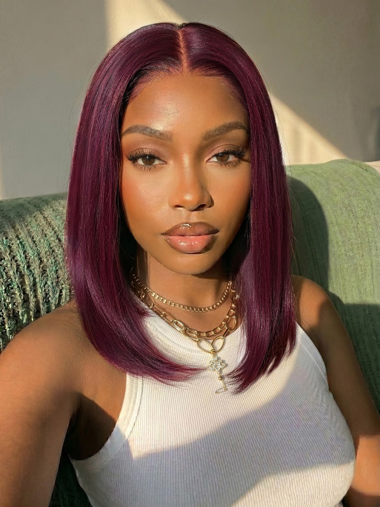 Sunber 13x4 Pre Everything Purple Black Cherry Chic Sleek straight bob Lace Frontal Wig With Invisi Drawstring
