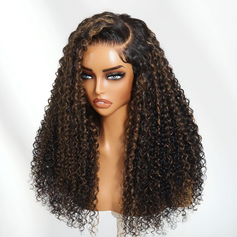 Sunber Golden Brown Highlights 7x5 Bye Bye Knots Jerry Curly Lace Wig With Pre Bleached