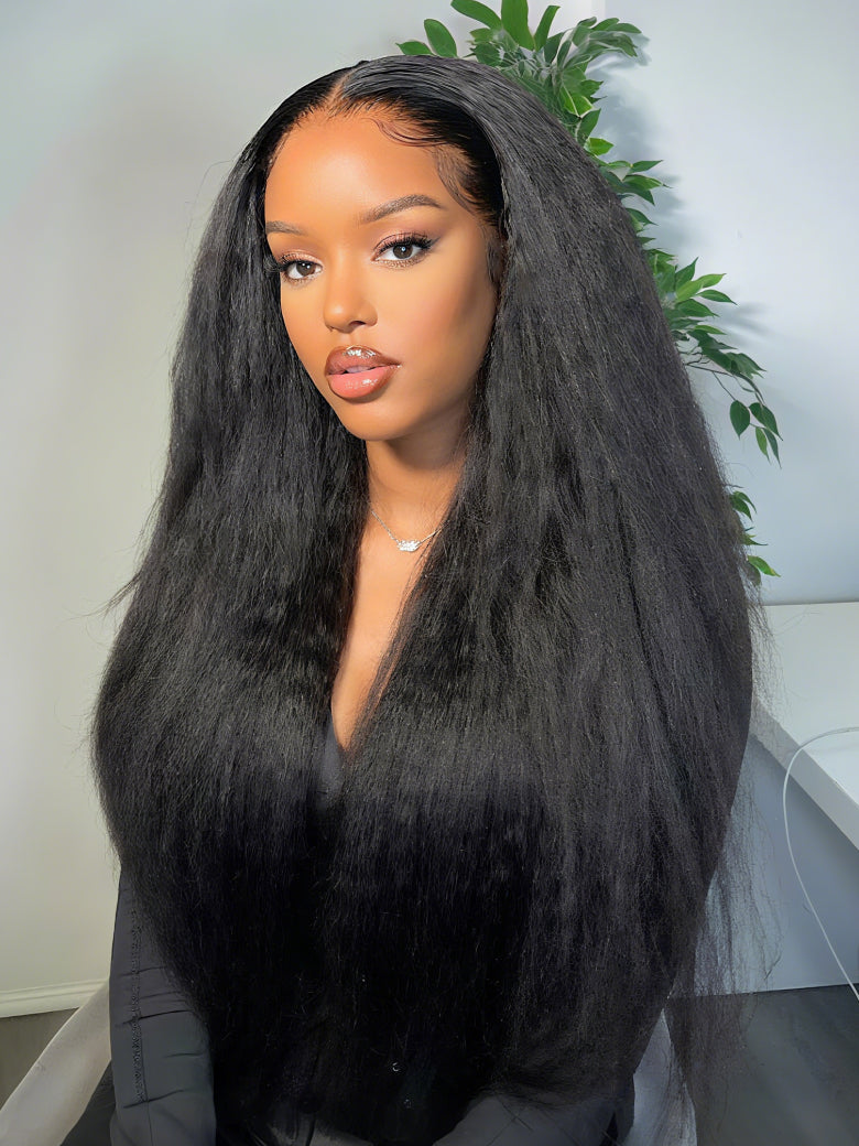 Sunber 13x4 HD Real Scalp Pre Everything Natural Black Kinky Straight Lace Frontal Wig With Invisi Drawstring