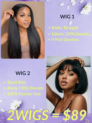 2Wigs=$89 | Sunber Yaki Straight 7x5 Lace Wig + Short Bob Wig With Bangs Flash Sale