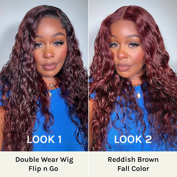 2 Styles 1 Wig |  Sunber Flip & Go Rosy Black Cherry/ Reddish Brown Ombre Lace Loose Deep Wave Put On And Go Double Wear Wig Flash Sale