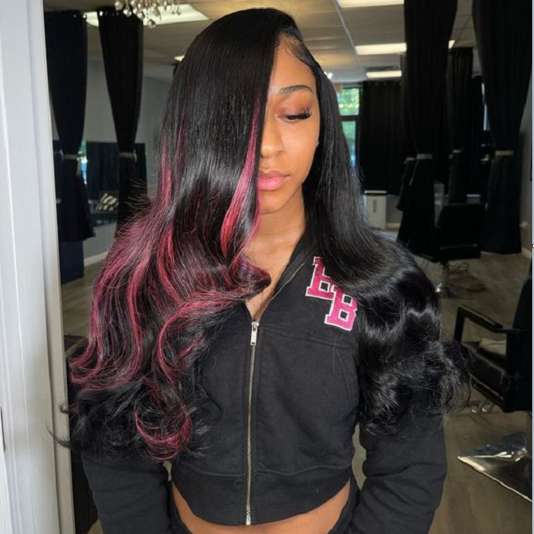 【22”=$99】Sunber 13x4 Lace Frontal Black With Pink Highlights Pink Striped Body Wave Flash Sale