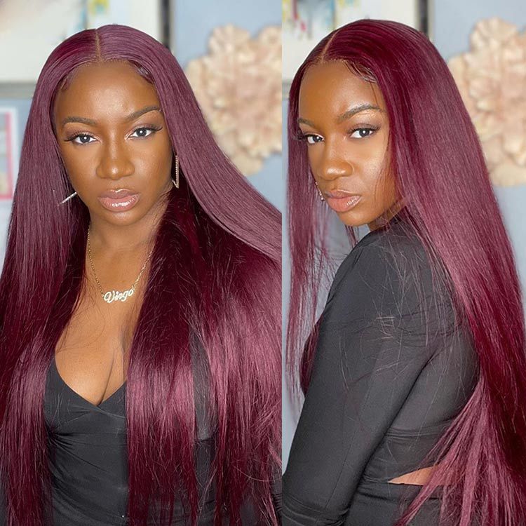【24Inch=$119】Flash Sale Sunber 99J Lace Part Wig Long Straight 180% denisty Red Human Hair Wigs