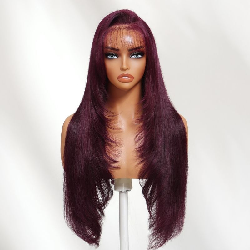 Sunber 180% Density Silky Straight 7x5 Pre Cut Lace Black Cherry Dark Burgundy Wig With C Part Fringe Long Layered Fringe Wispy Bangs