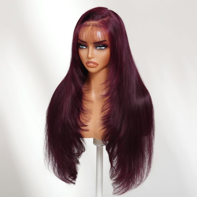 Sunber 180% Density Silky Straight 7x5 Pre Cut Lace Black Cherry Dark Burgundy Wig With C Part Fringe Long Layered Fringe Wispy Bangs