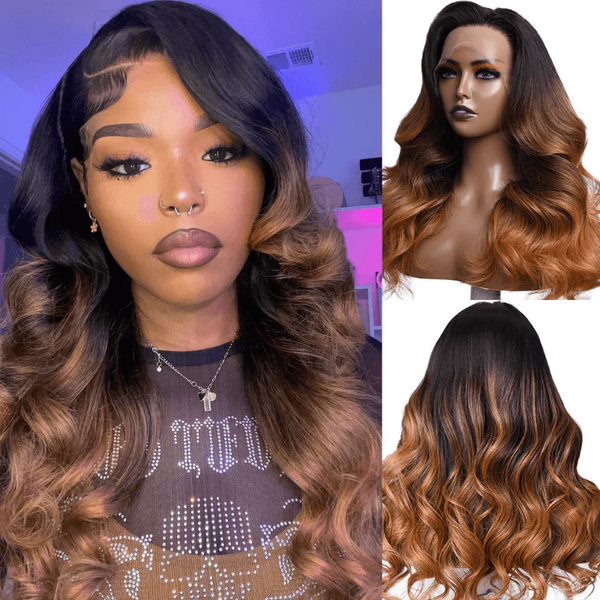 Sunber Toasted Caramel Brown Body Wave 13x4 Lace Front Human Hair Wig With Dark Roots Flash Sale