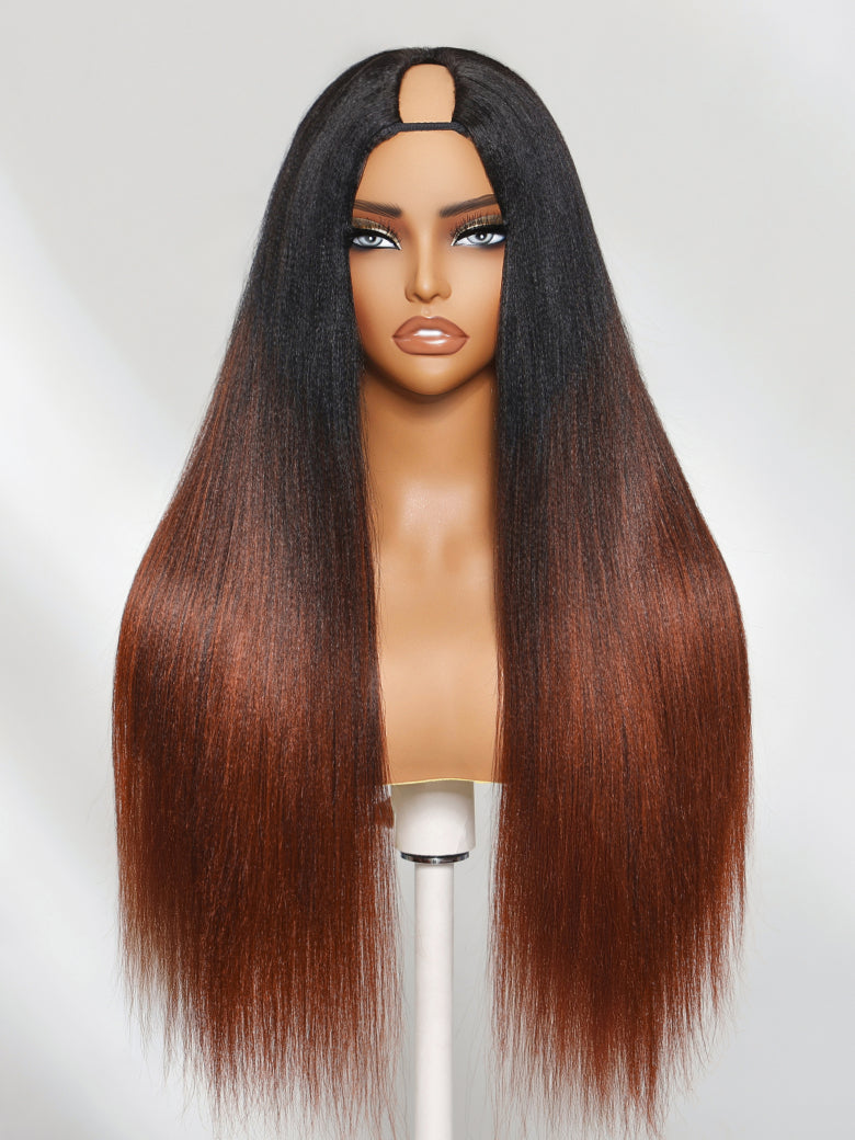 Flash Sale Sunber Yaki Straight V Part Wigs Ombre Reddish Brown with Dark Roots Upgrade Invisi Drawstring Vip Member