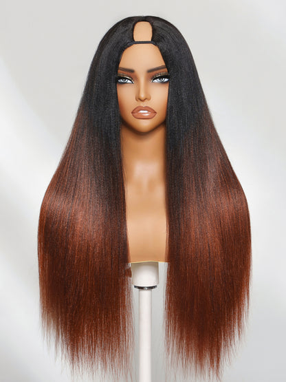Flash Sale Sunber Yaki Straight V Part Wigs Ombre Reddish Brown with Dark Roots Upgrade Invisi Drawstring Vip Member