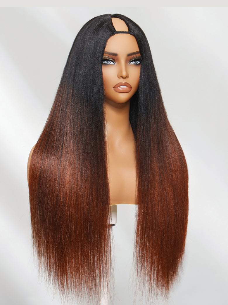 Flash Sale Sunber Yaki Straight V Part Wigs Ombre Reddish Brown with Dark Roots Upgrade Invisi Drawstring Vip Member