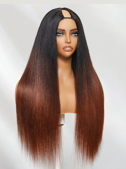 Flash Sale Sunber Yaki Straight V Part Wigs Ombre Reddish Brown with Dark Roots Upgrade Invisi Drawstring Vip Member
