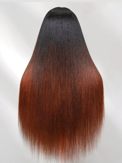 Flash Sale Sunber Yaki Straight V Part Wigs Ombre Reddish Brown with Dark Roots Upgrade Invisi Drawstring Vip Member