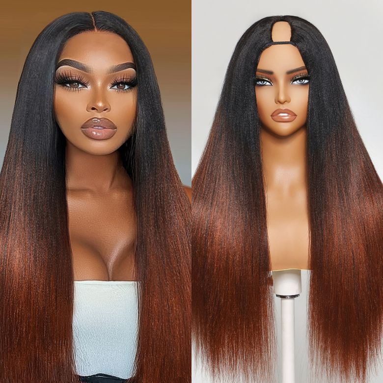 Flash Sale Sunber Yaki Straight V Part Wigs Ombre Reddish Brown with Dark Roots Upgrade Invisi Drawstring