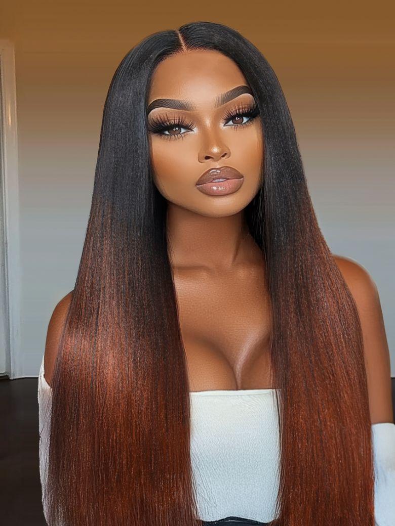 Flash Sale Sunber Yaki Straight V Part Wigs Ombre Reddish Brown with Dark Roots Upgrade Invisi Drawstring Vip Member
