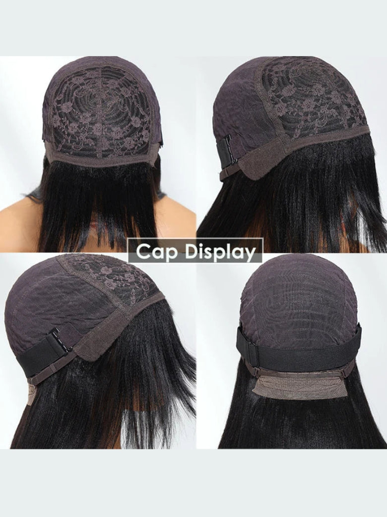 Sunber Yaki Straight Human Hair Glueless Wig with Blunt Cut Bangs Natural Black Color Flash Sale