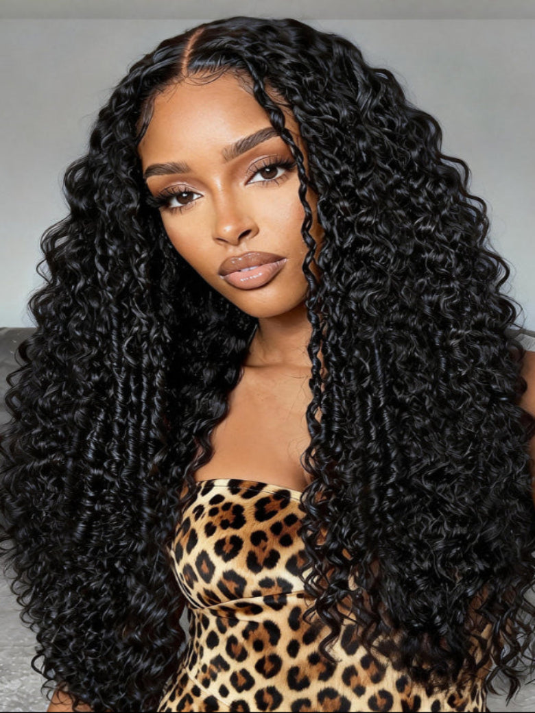 Sunber 7x5 Pre Cut 4D Mixed Texture Burmese Curls Tight Water Wave Lace Part Wig With Finger Coil Ends