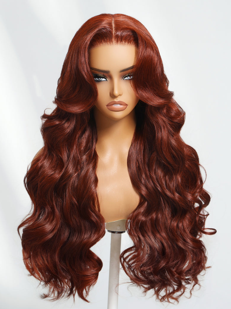 Sunber Body Wave Shake And Go Wigs 150% Density Reddish Brown 7x5 Bye Bye Knots Pre-Cut Lace Human Hair Wigs With Pre-Plucked