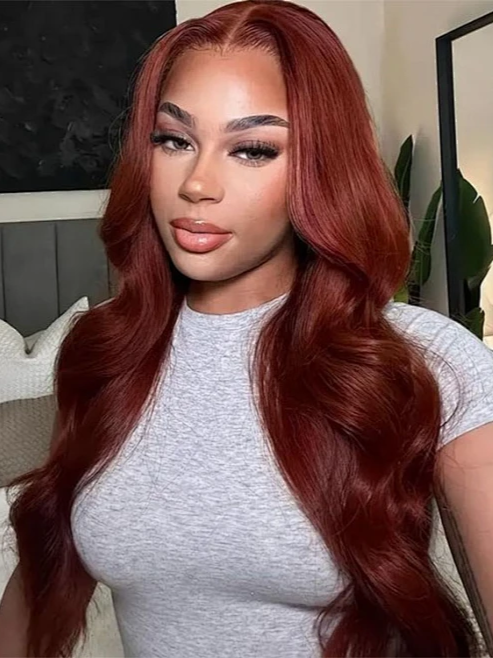 Sunber Body Wave Shake And Go Wigs 150% Density Reddish Brown 7x5 Bye Bye Knots Pre-Cut Lace Human Hair Wigs With Pre-Plucked