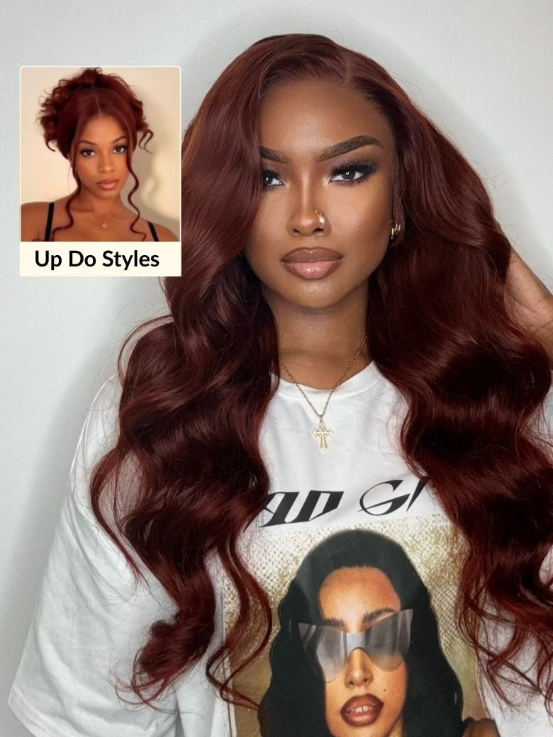 Sunber Body Wave Shake And Go Wigs 150% Density Reddish Brown 7x5 Bye Bye Knots Pre-Cut Lace Human Hair Wigs With Pre-Plucked