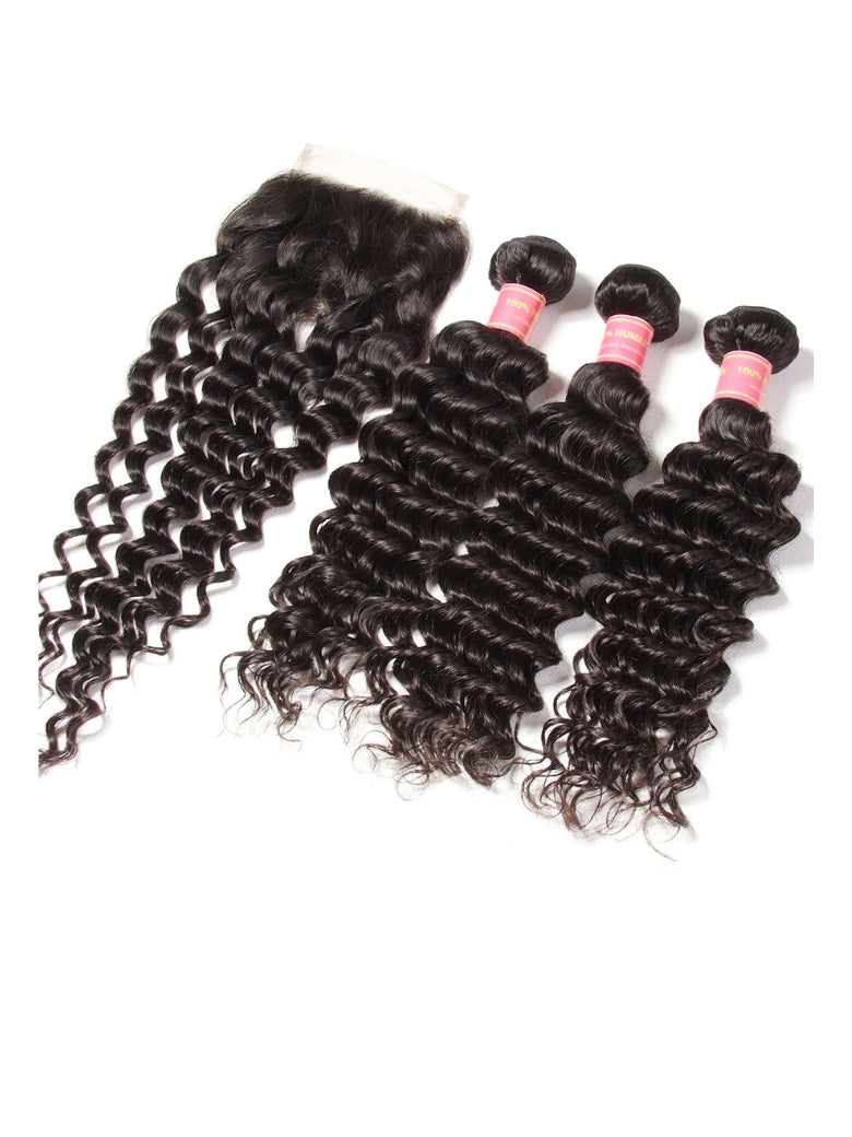 Sunber Hair Brazilian Virgin Deep Wave Hair 3 Bundles With  4"*4" Lace Closure, 100% Human Hair