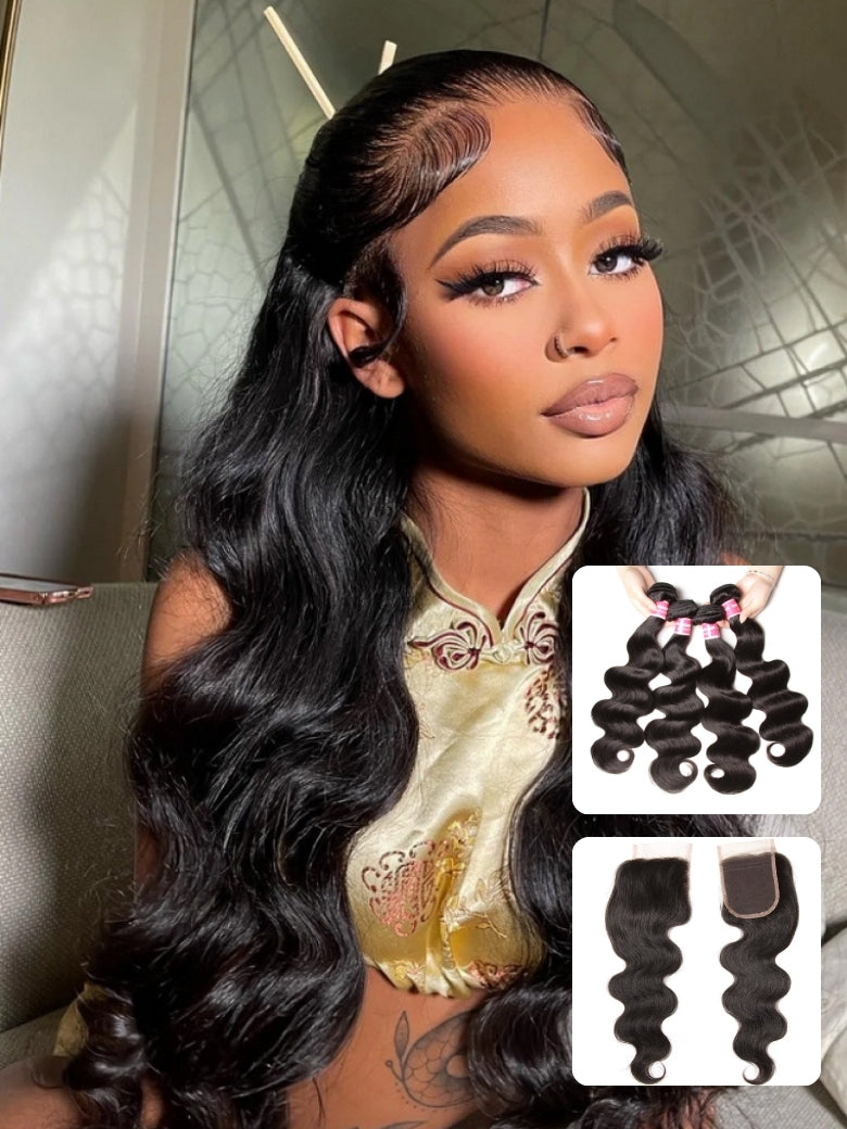 Sunber Hair Brazilian Body Wave Remy Human Hair 4 Bundles With 4*4 Lace Closure 100% Human Hair Extensions