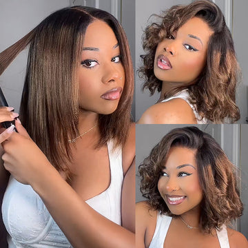 Sunber Put On and Go Ombre Chestnut Brown 7x5 Bye-Bye Knots Yaki Straight Short Bob Wig with Invisi Drawstring