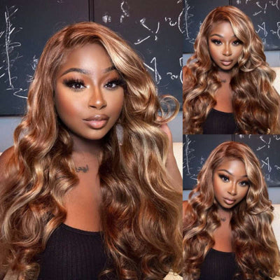 Sunber Brown with blonde highlight 13x4 Lace Front Wig Loose Wave Human Hair Wig With Bleach Knots