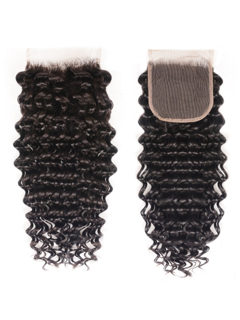 Sunber Hair Brazilian Virgin Deep Wave Hair 3 Bundles With  4"*4" Lace Closure, 100% Human Hair