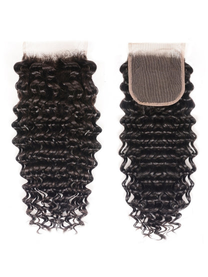 Sunber Hair Brazilian Virgin Deep Wave Hair 3 Bundles With  4"*4" Lace Closure, 100% Human Hair