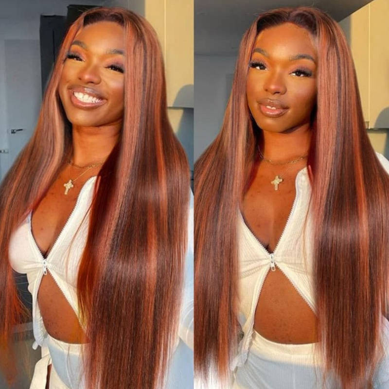 Sunber Straight Ginger Copper Red Highlight 13x4 Pre Everything Lace Front Wigs With Pre Plucked
