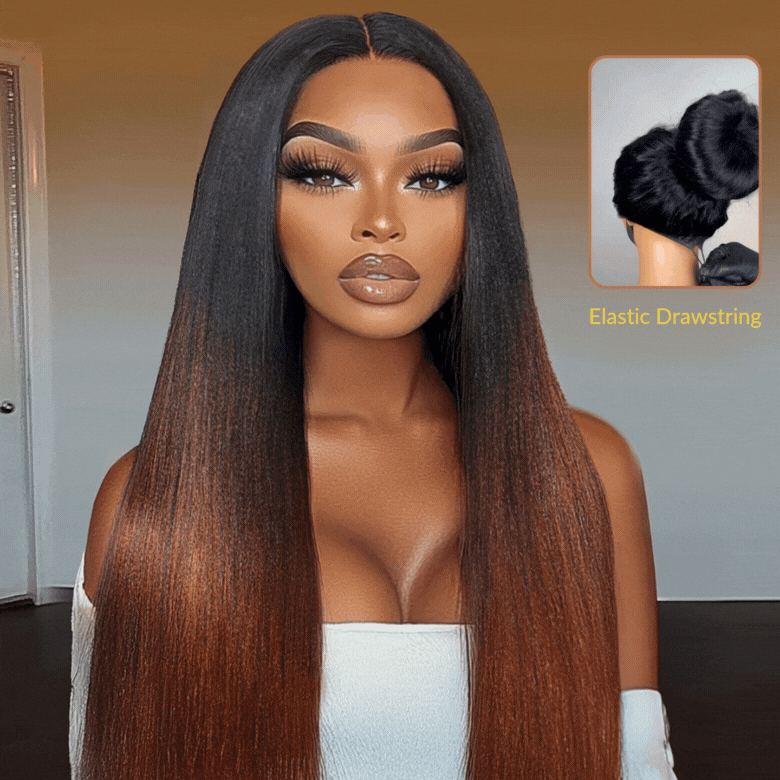 $100 OFF| Sunber Yaki Straight V Part Wigs Ombre Reddish Brown with Dark Roots Upgrade Invisi Drawstring