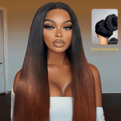 $100 OFF| Sunber Yaki Straight V Part Wigs Ombre Reddish Brown with Dark Roots Upgrade Invisi Drawstring
