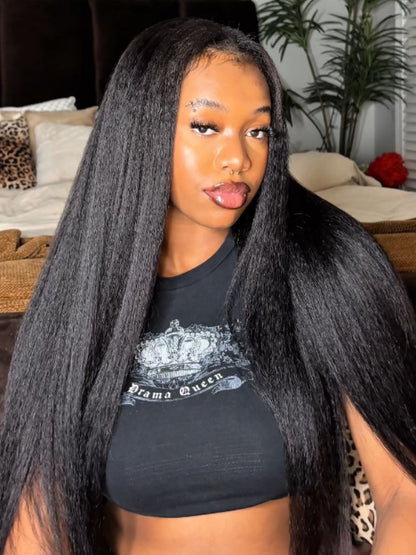 Extra 50% OFF | Sunber Yaki Straight Pull &amp; Go Glueless Pre-cut 7x5 Bye Bye Knots Lace Wig With Bleach Knots