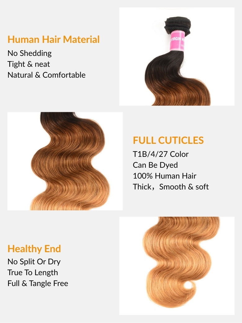 Sunber Hair Ombre Brazilian Body Wave Virgin Hair 3/4 Bundles T1B/4/27 Color 100% Human Hair Weave