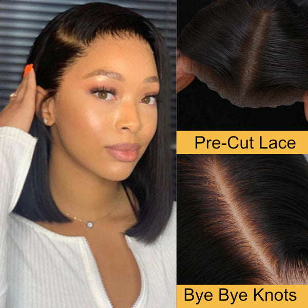 Sunber Straight Blunt Cut Bob Glueless 7*5 Pre-cut Lace Closure Wig And Bye Bye Knots